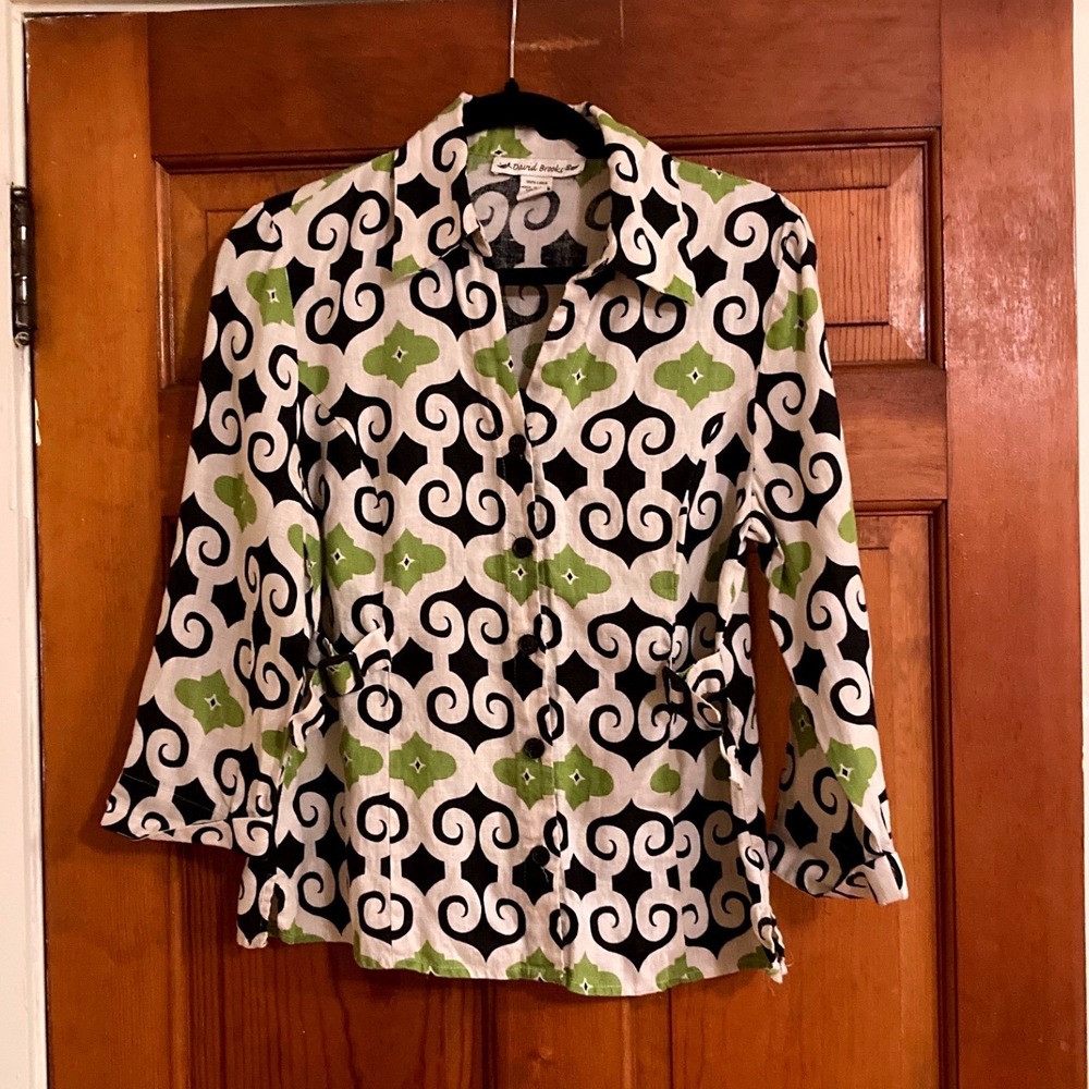 David Brooks Womens M Artistic Linen Scroll Print Buckle Waist Button Down Shirt